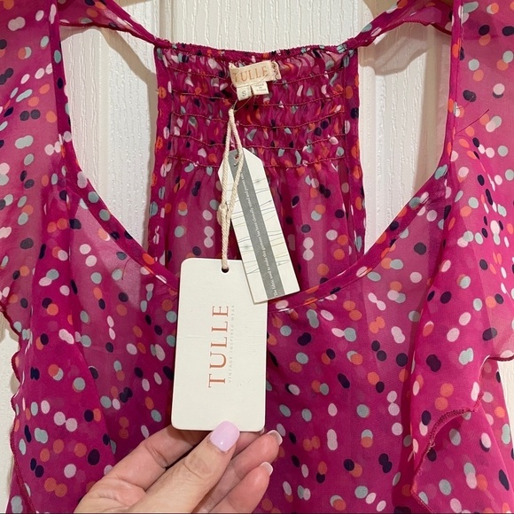 NWT Tulle Polka dot pink ruffled tank top size small summer blouse new - Picture 5 of 5